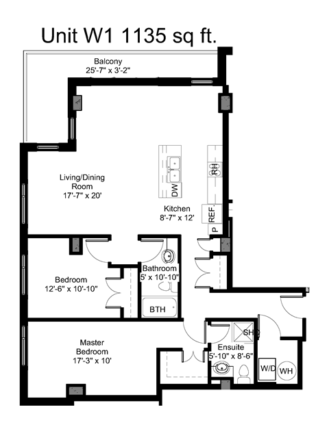 Floor plan for 2 beds, 2 baths, 1136 sqft
